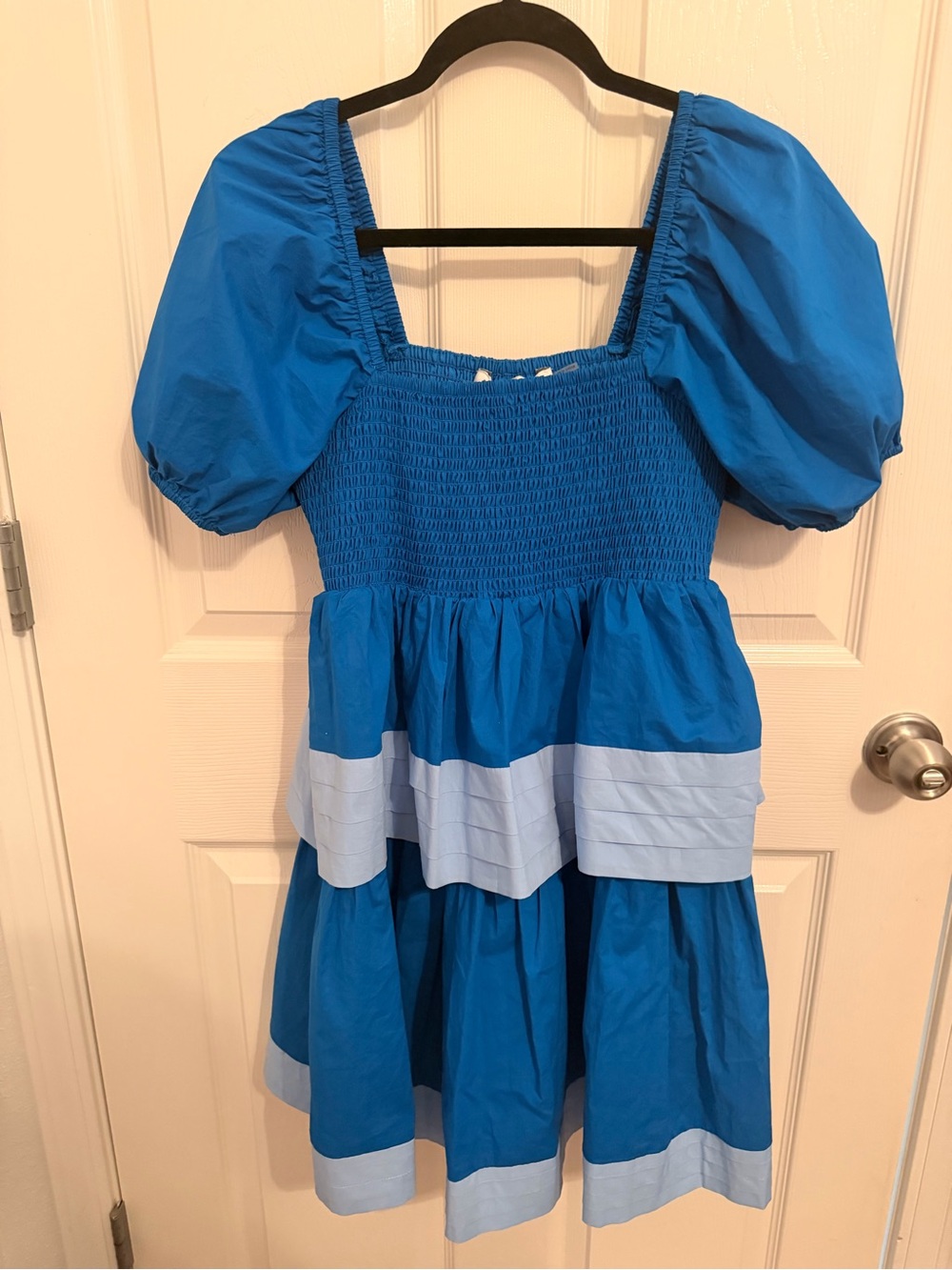 English Factory Blue Puff-Sleeve Tiered Dress with Light Blue Bands